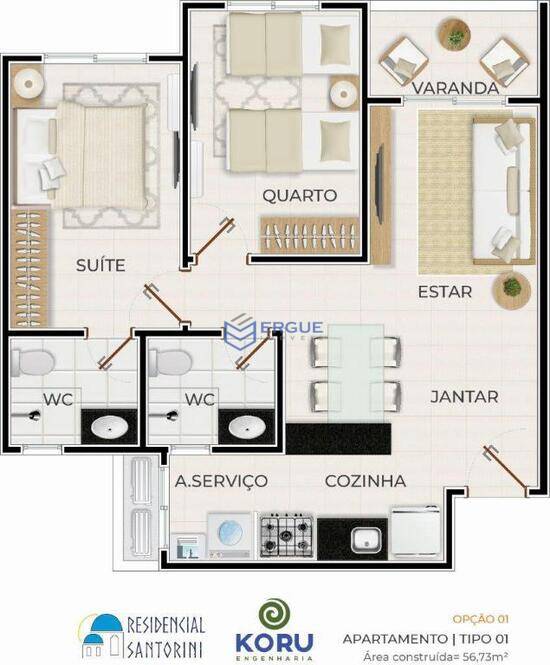 Residencial Santorini, apartamentos com 2 quartos, 57 m², Caucaia - CE