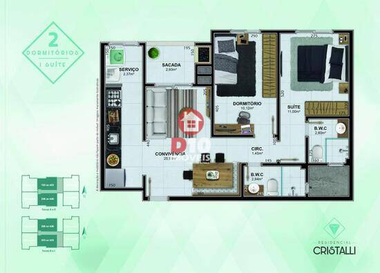 Residencial Cristalli, apartamentos com 2 quartos, 64 a 65 m², Içara - SC