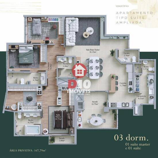 Monte Pienza, apartamentos com 3 quartos, 168 m², Criciúma - SC