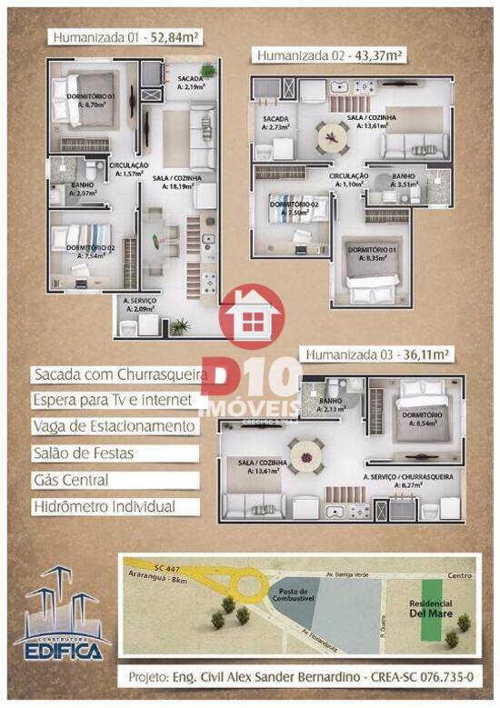 Residencial Del Mare, apartamentos com 1 a 2 quartos, 53 m², Balneário Arroio do Silva - SC