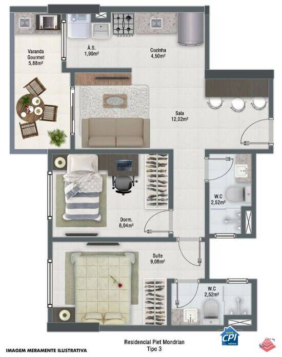 Residencial Piet Mondrian, apartamentos com 2 quartos, 57 a 59 m², Praia Grande - SP